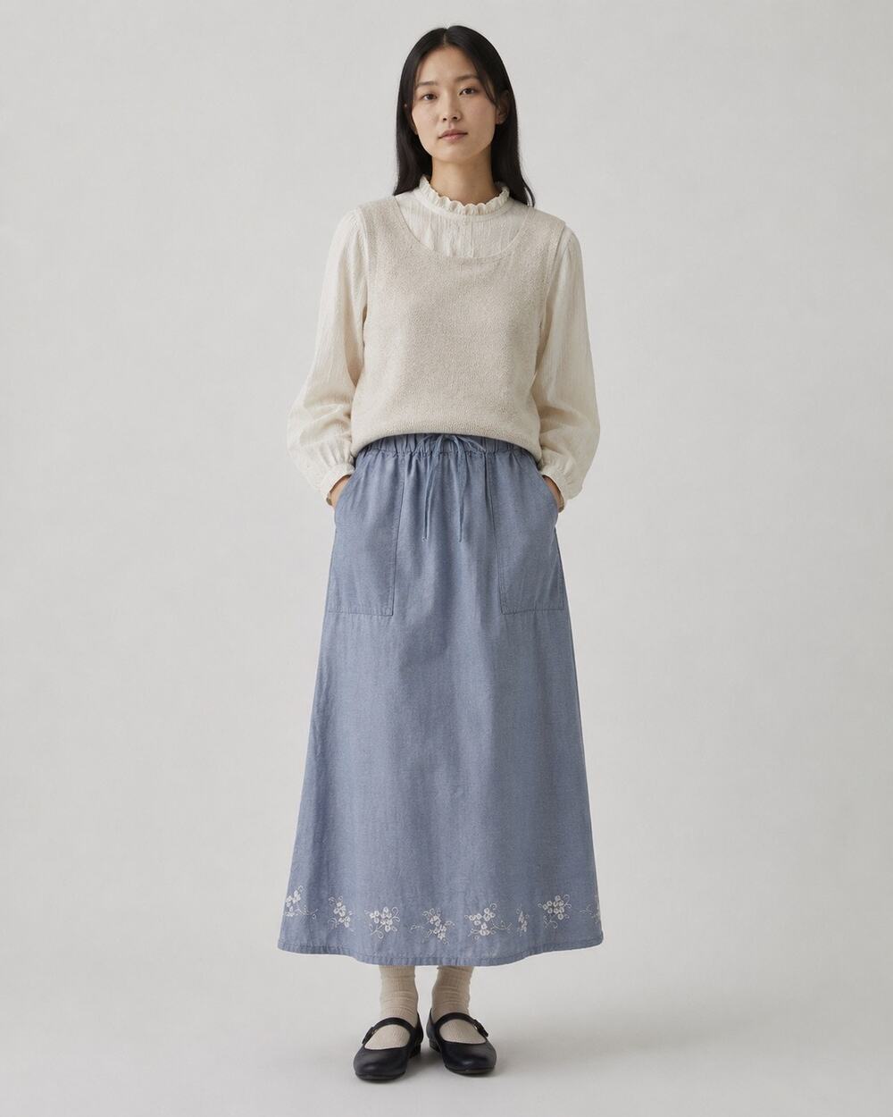 Vintage Chambray Maxi Skirt Sz S Floral Embroidered Drawstring Pockets Boho 90s